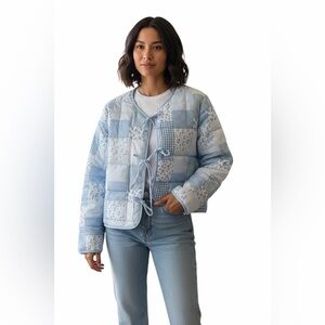 STOOSH Blue Patchwork Quilted Tie-Front Jacket Cottagecore Prairie NWT M
